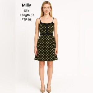 Milly of New York Silk Dress navy blue  Yellow Print 
Polka Dot Black size 6